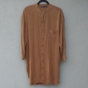 Zara Chestnut Lyocell Button-Up Collarless Shirt Dress S/M